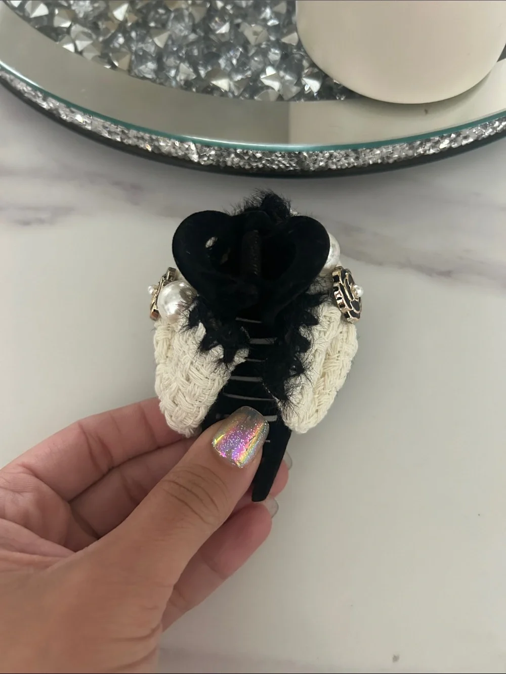 Woven Bow Hair Clip with Pearl & Flower Accent - Black & Cream